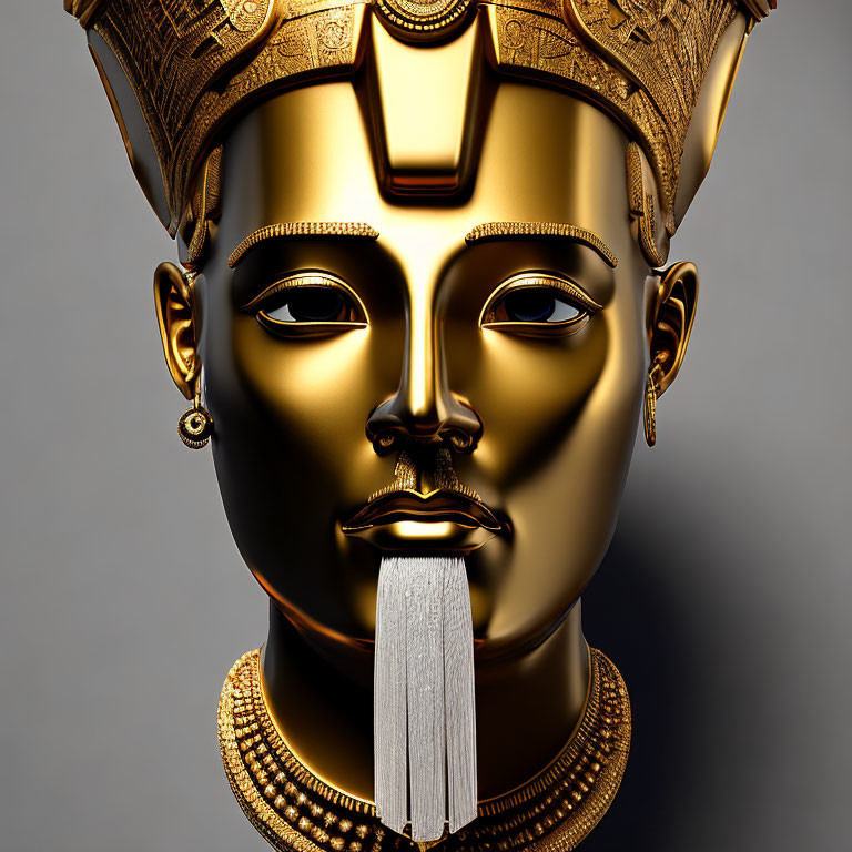 Intricately designed golden mask with headdress and stoic expression on grey background