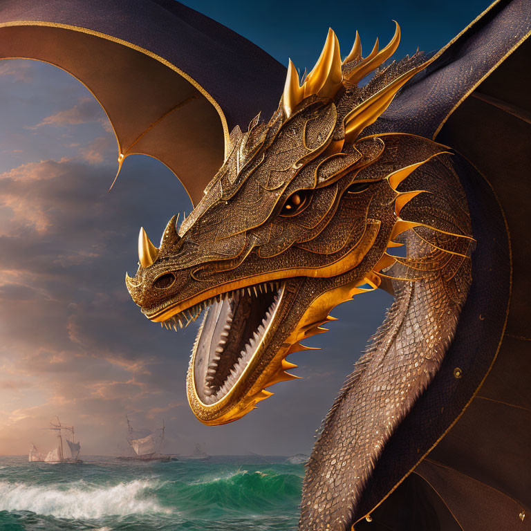Golden-horned dragon overlooking sea with ships and stormy skies