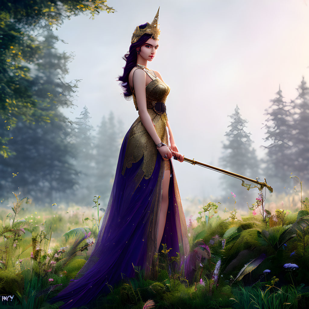 Regal fantasy character with golden crown and sword in mystical forest glade