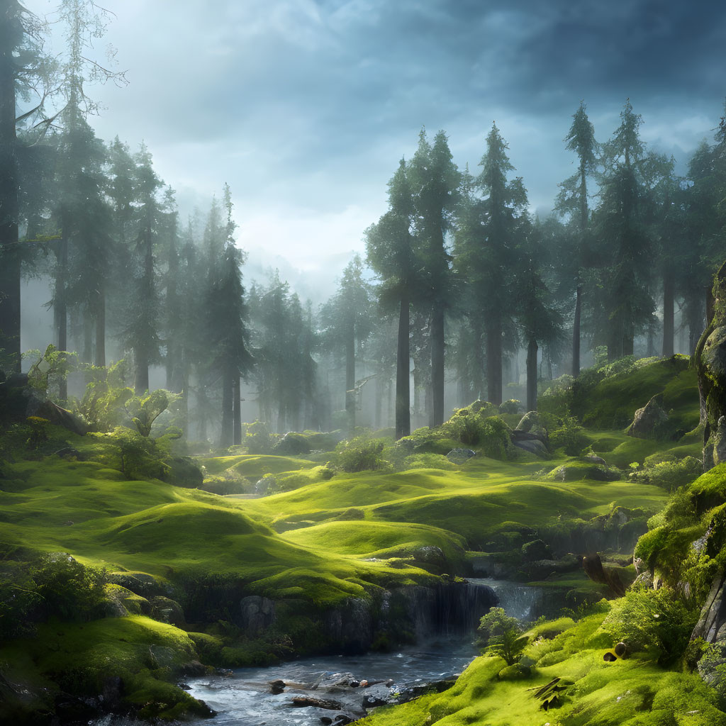 Misty forest with vibrant green moss and babbling stream