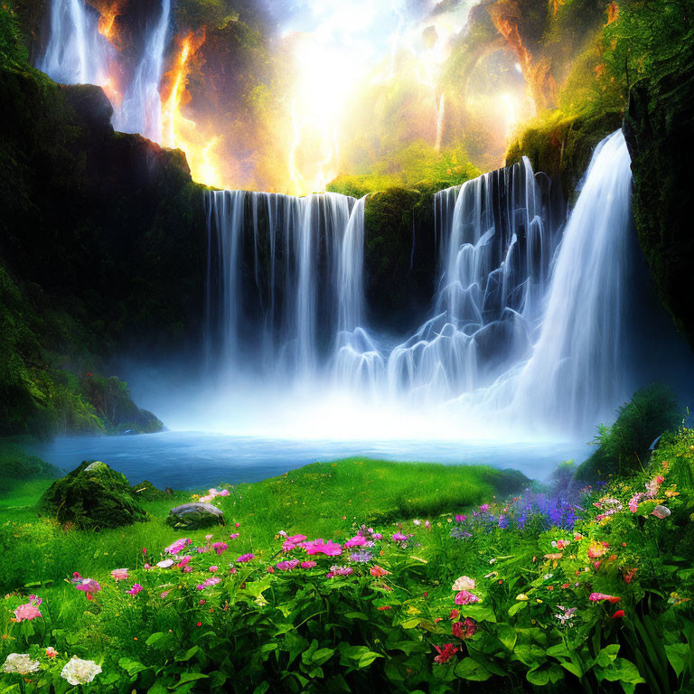 Surreal landscape with vibrant waterfall, lush greenery, and radiant flowers