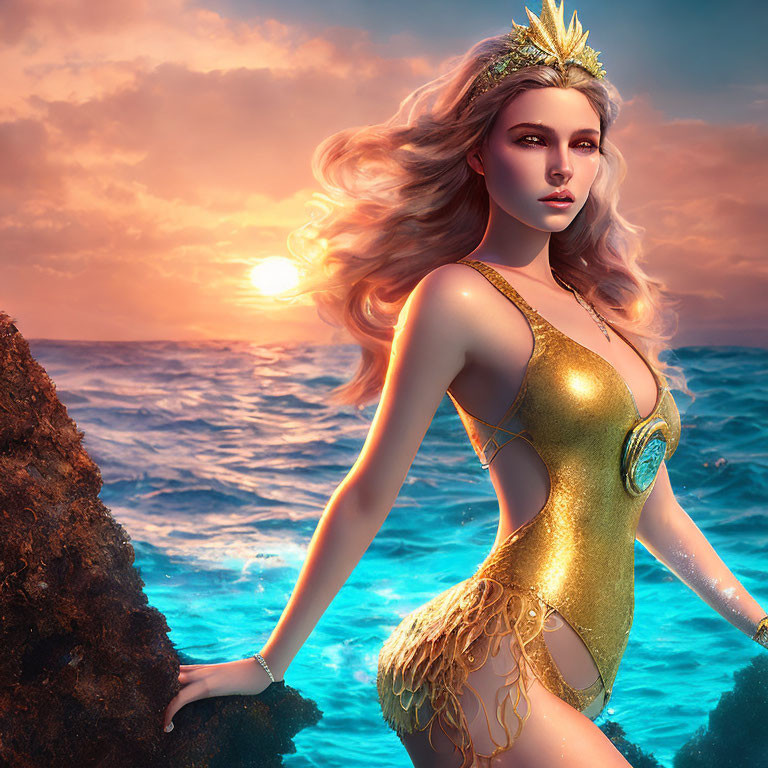 Mythical sea queen digital illustration at sunset