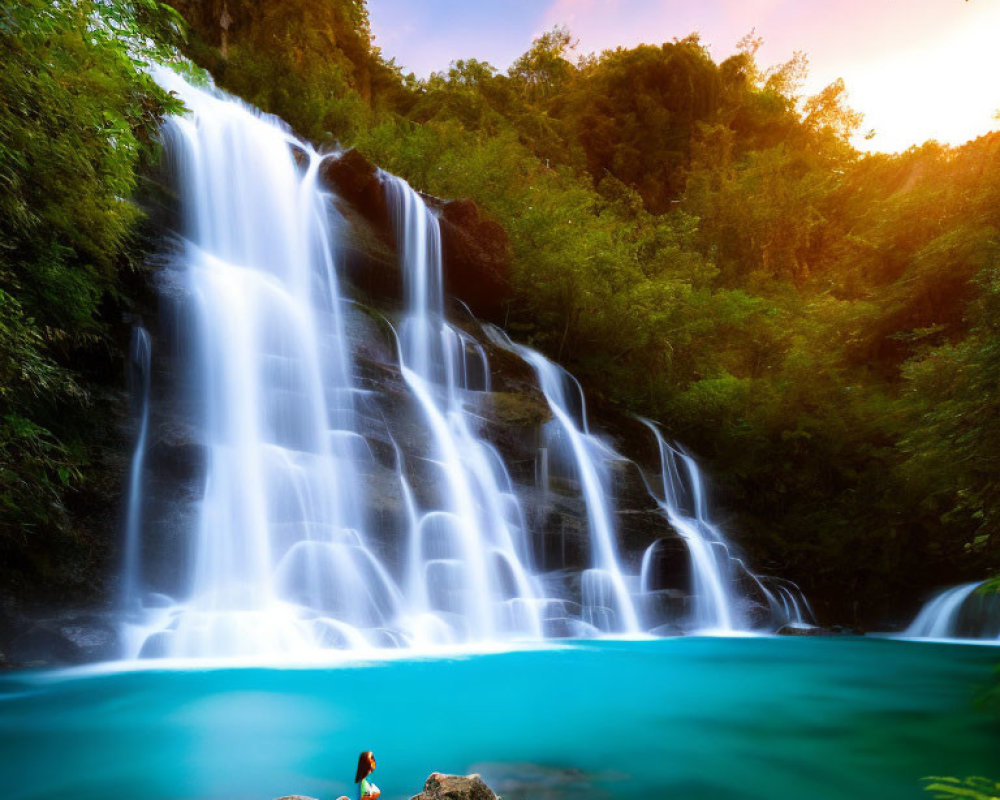 Tranquil scene: person by turquoise pool under cascading waterfall