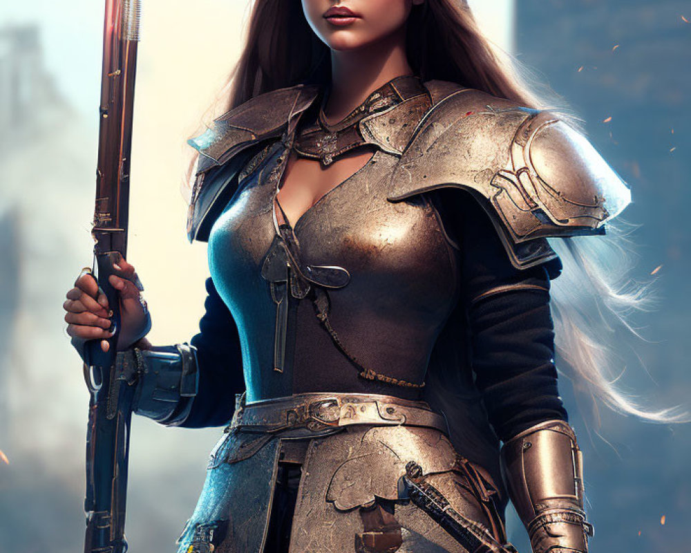 Detailed Medieval Armor Woman Holding Spear in Fantasy Setting