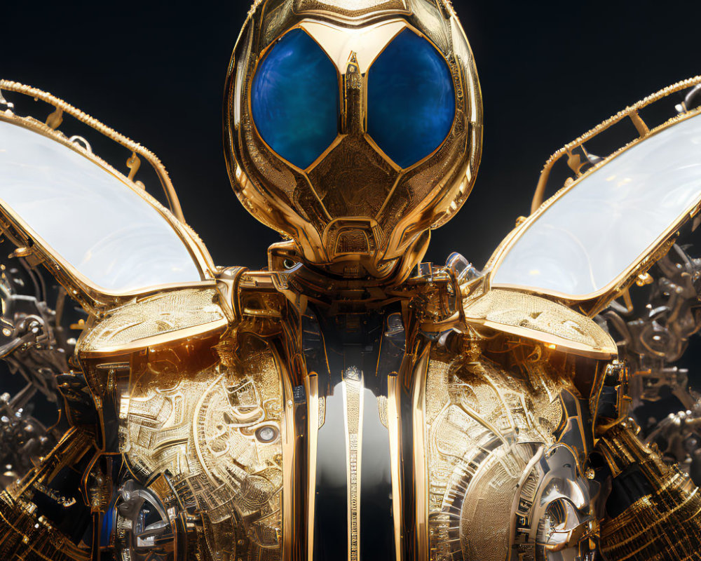 Detailed Gold Mechanical Bee with Blue Eyes and Translucent Wings on Dark Background
