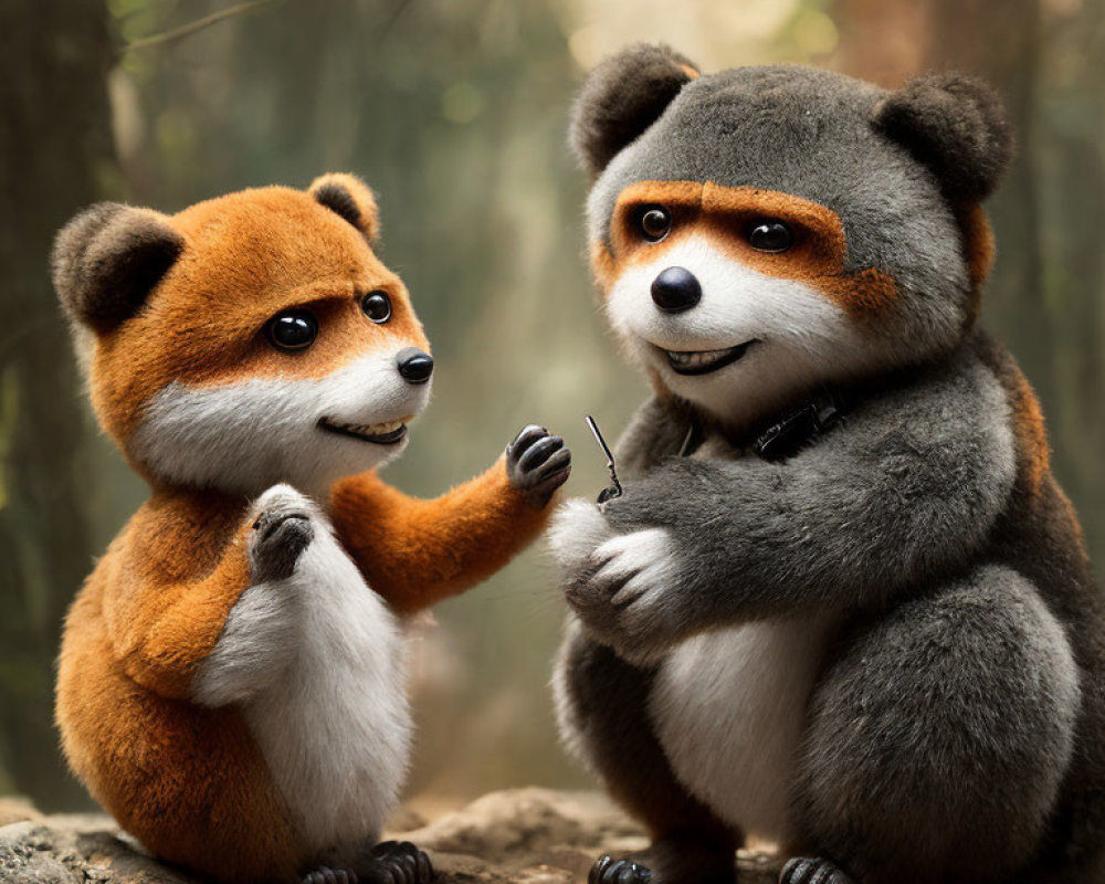 Animated red pandas conversing in forest setting
