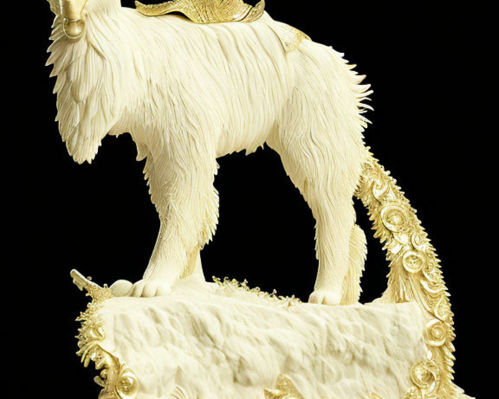 Regal white and gold lion sculpture with ornate decorations on black background