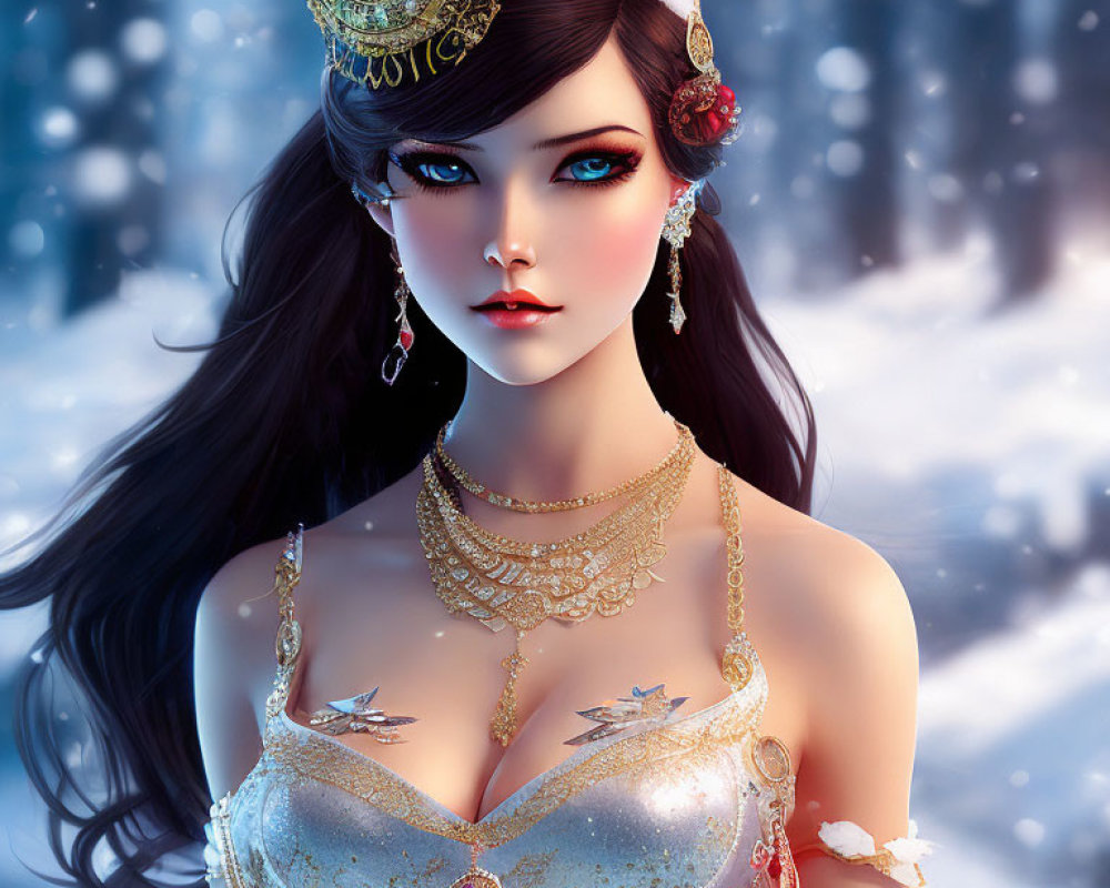 Illustrated female character with blue eyes, golden crown, and snowy backdrop