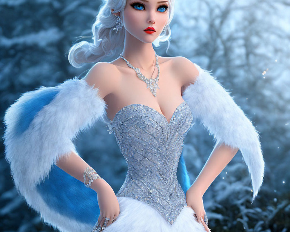Elegant fair-skinned woman in icy blue gown with white hair