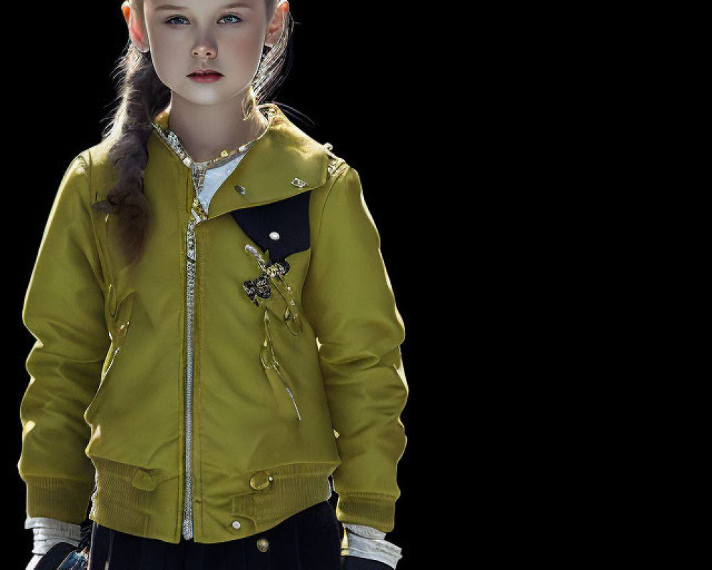 Young girl in green bomber jacket and ponytail against dark background