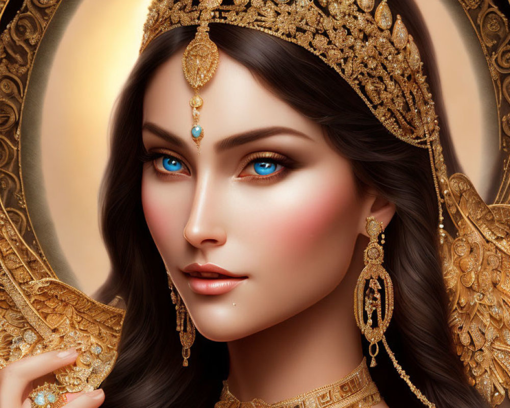 Regal woman with blue eyes and gold jewelry in ornate headdress