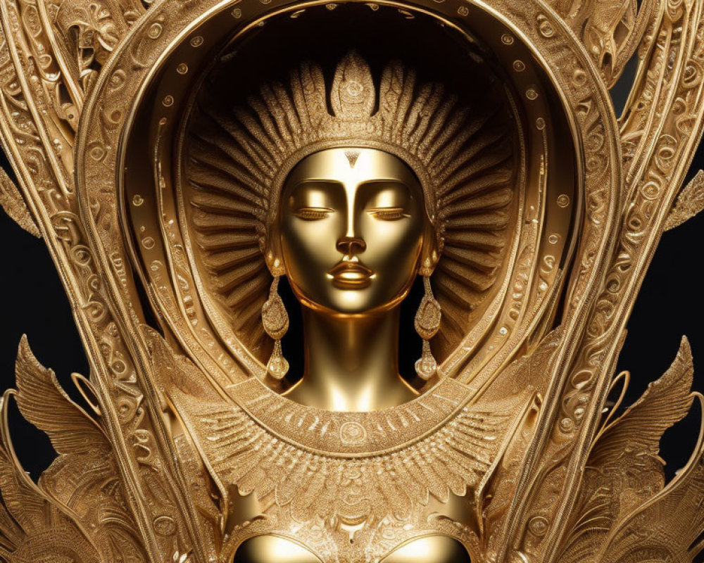 Golden ornate face with closed eyes in intricate designs on black background
