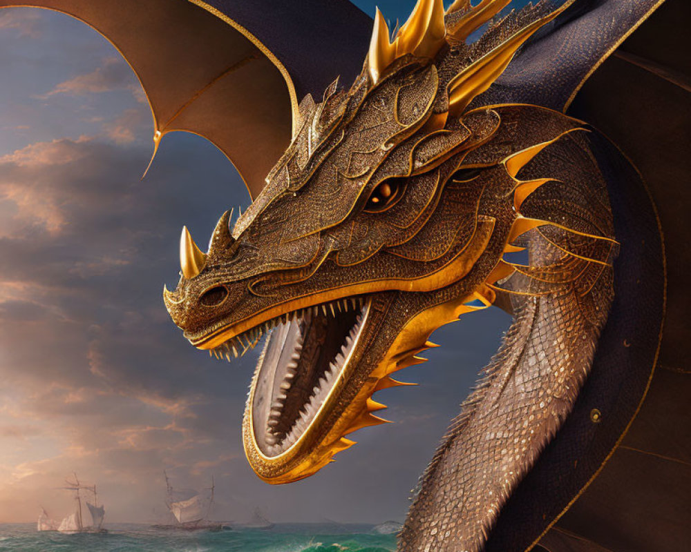 Golden-horned dragon overlooking sea with ships and stormy skies