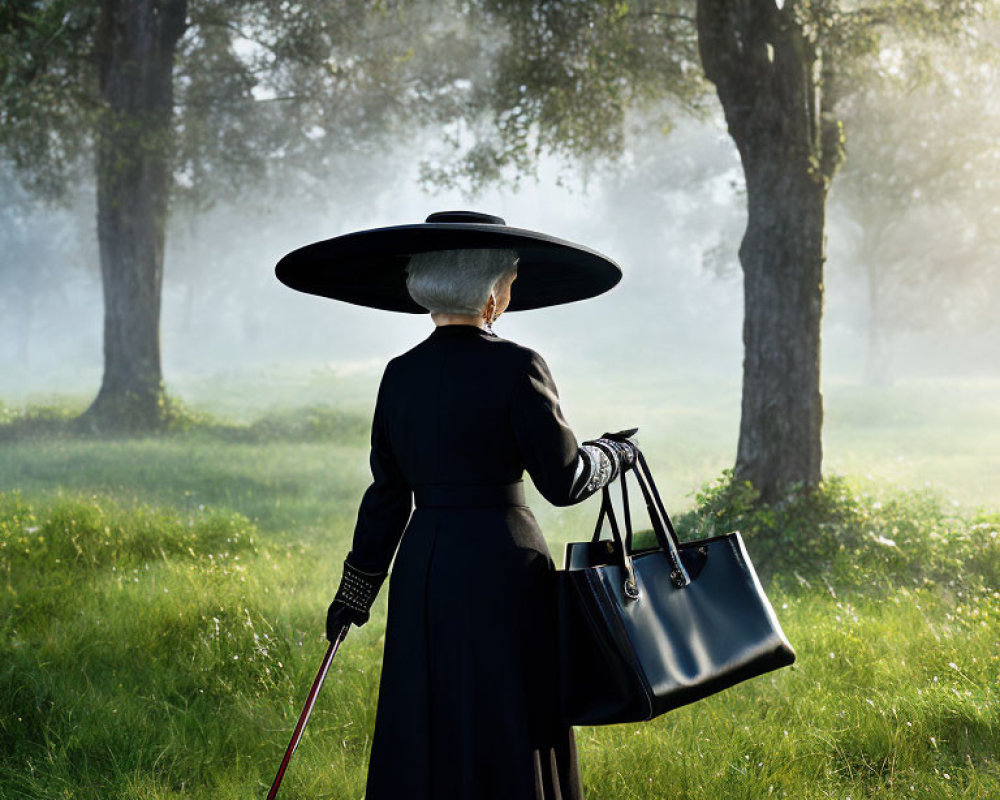 Stylish figure in wide-brimmed hat and black attire with bag and cane in misty