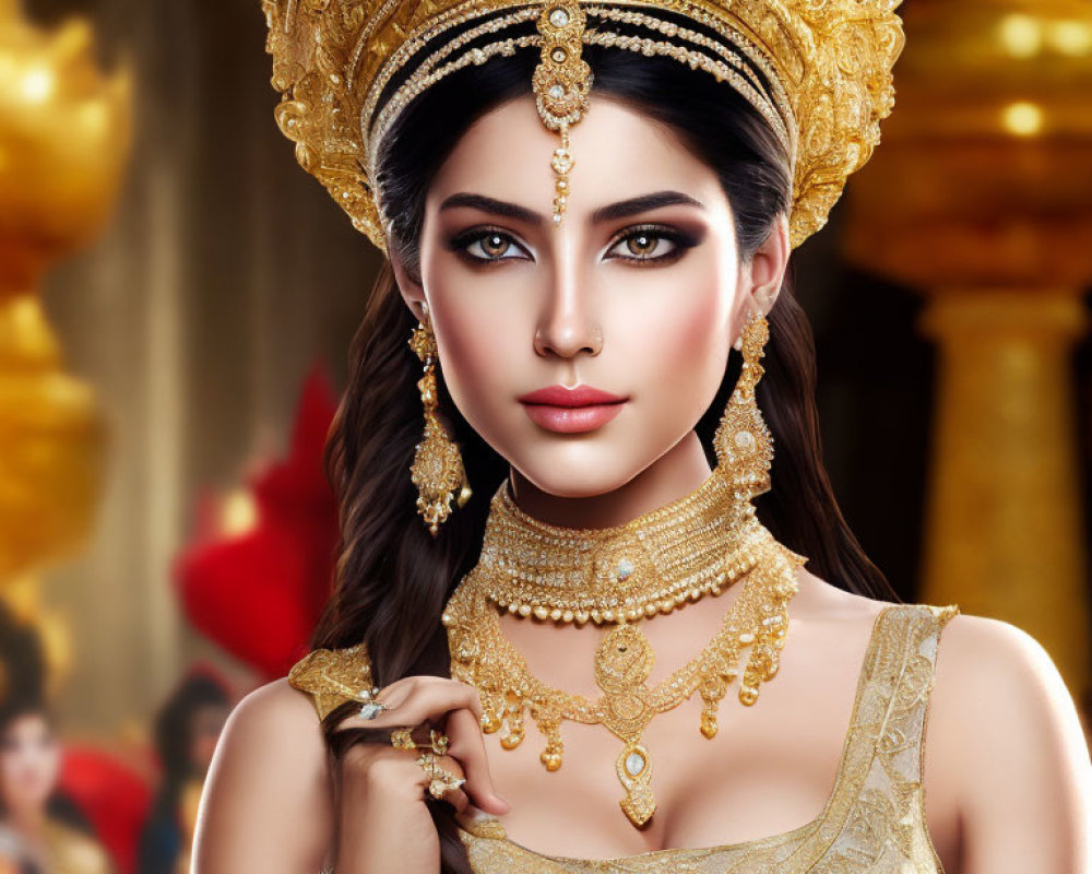 Elaborately adorned woman in gold jewelry and traditional headgear