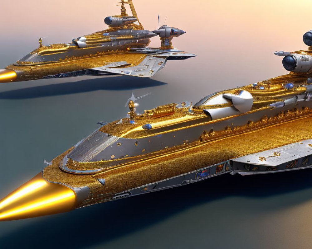 Futuristic golden spaceships with intricate details on reflective surface