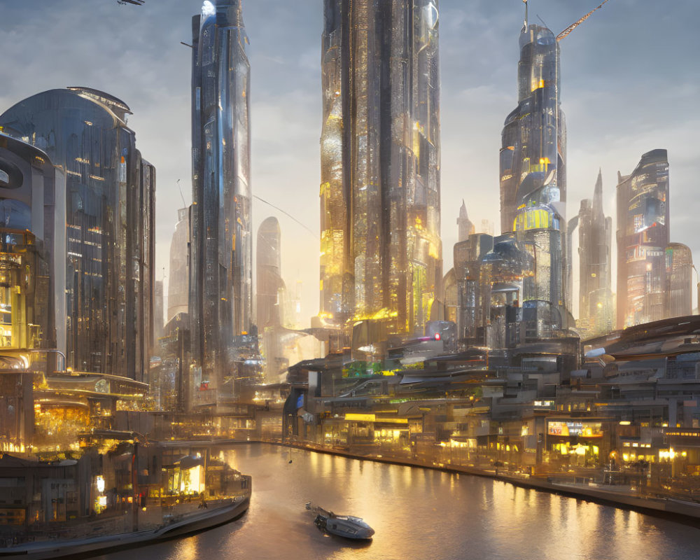 Futuristic cityscape at sunset with skyscrapers, flying vehicles, and waterways