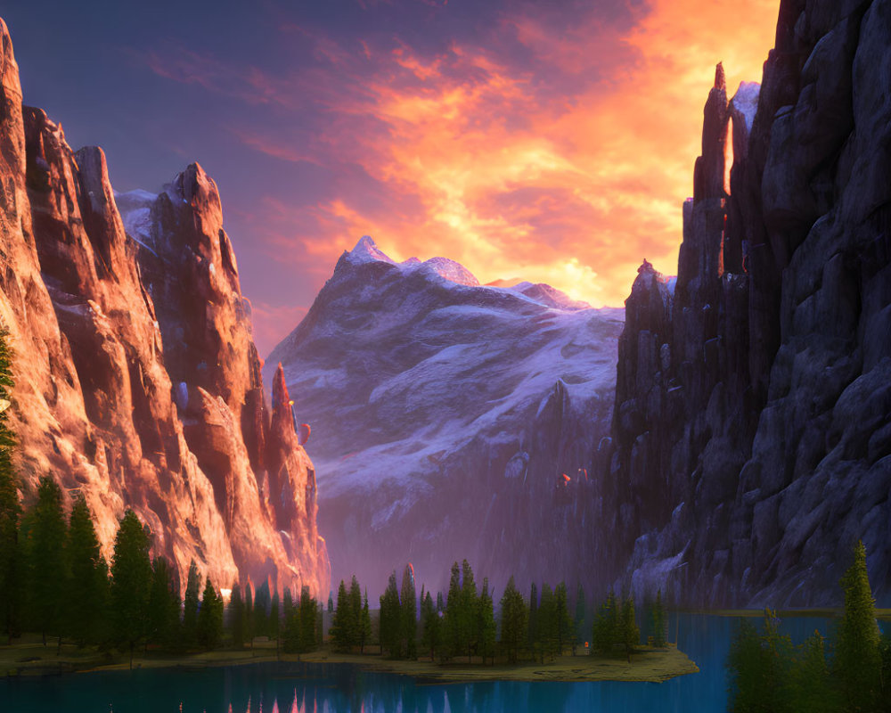 Tranquil mountain sunset scene with pink and orange sky reflected in blue lake
