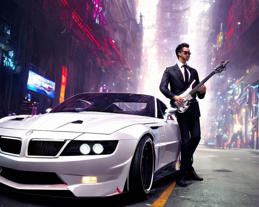Man in suit with electric guitar by white sports car on neon-lit street