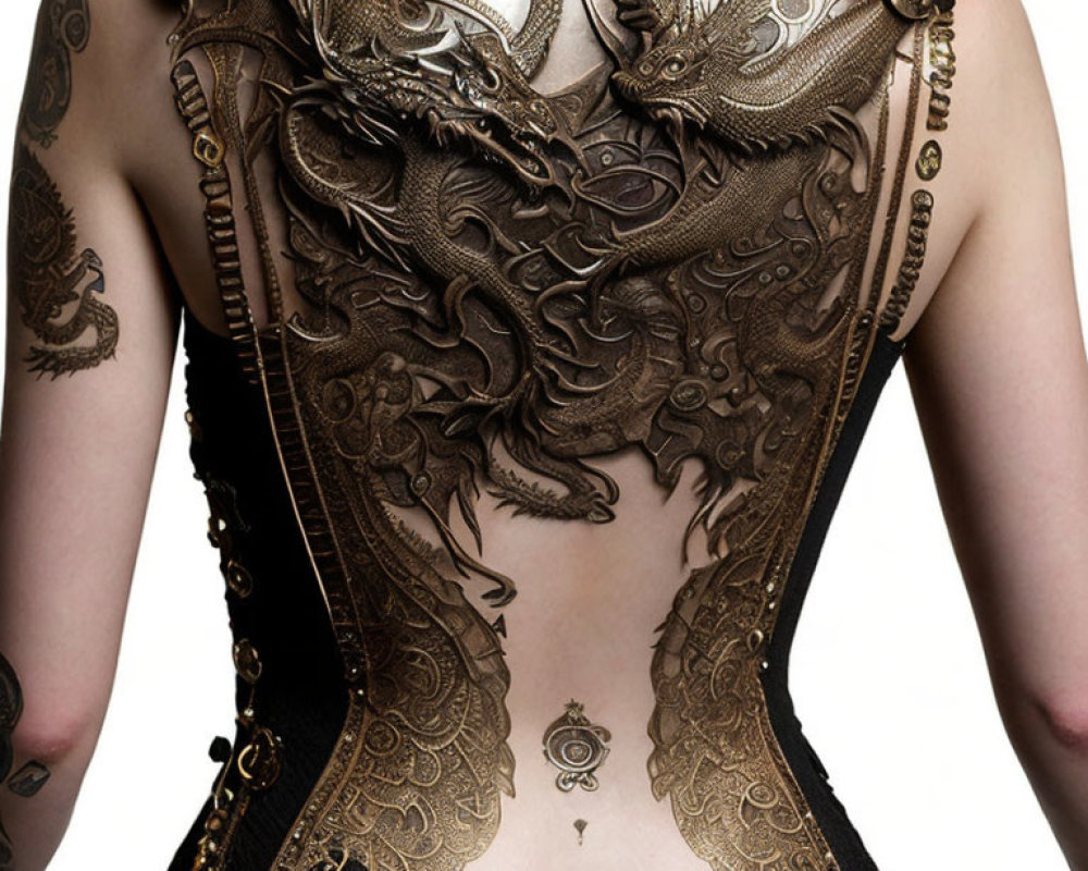 Elaborate full-torso tattoo of dragons and ornate patterns in shades of brown and black