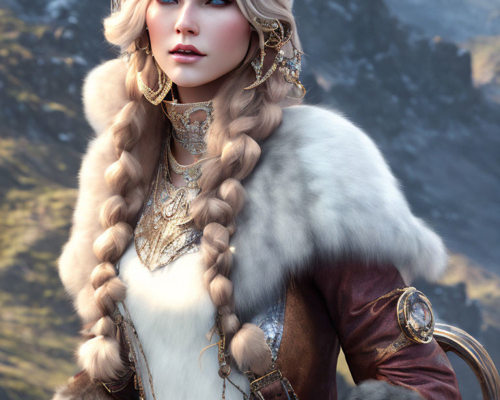Blonde woman in fur and gold jewelry against mountain backdrop