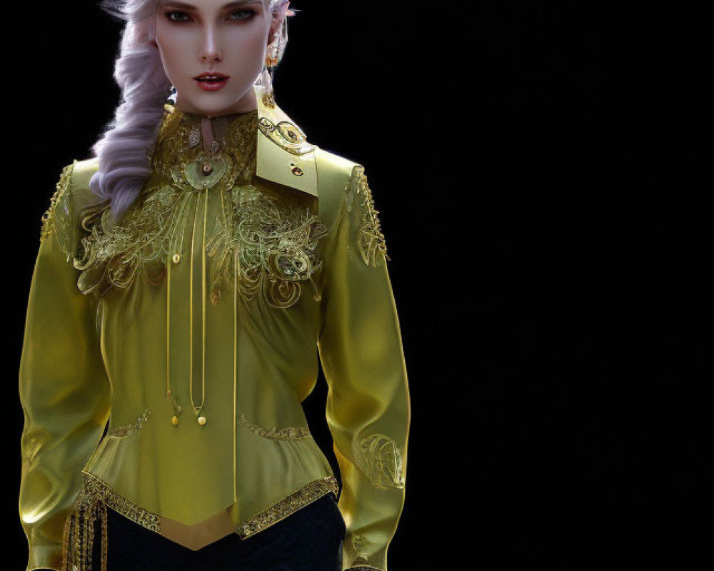 Victorian-inspired gold and green jacket on pale woman with white hair
