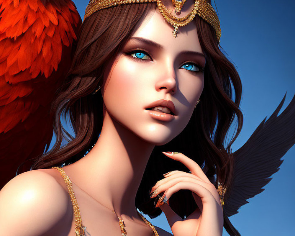 Digital portrait of woman with blue eyes, gold headpiece, and red parrot