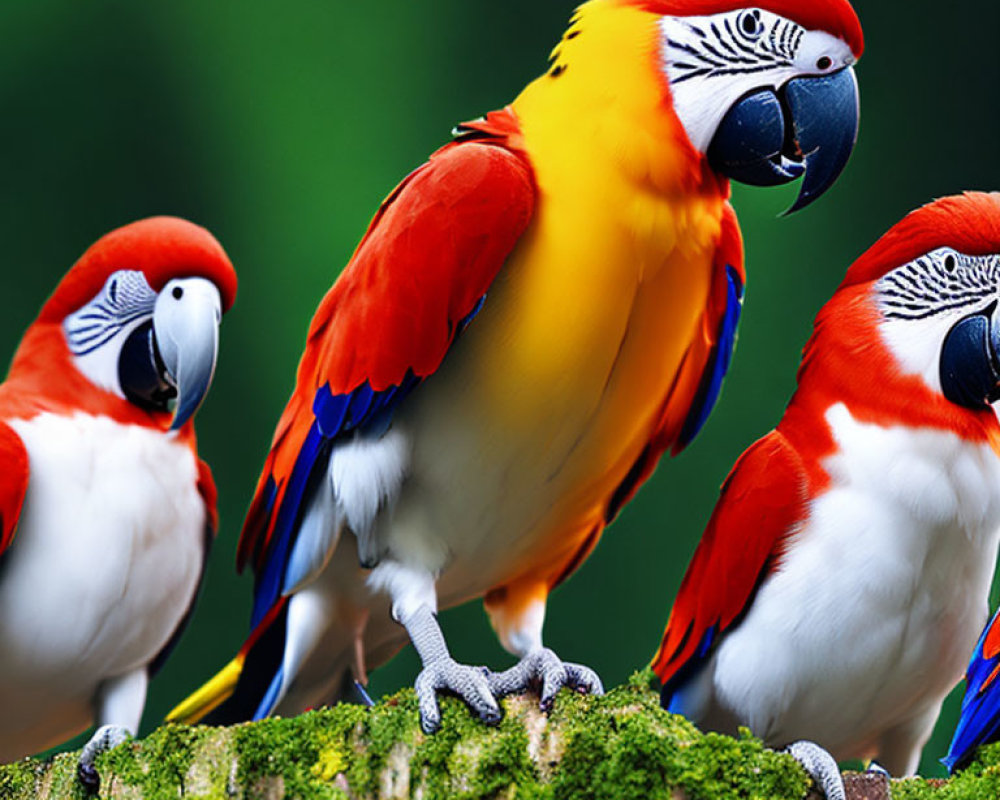 Colorful Macaws Perched on Mossy Branch in Green Background