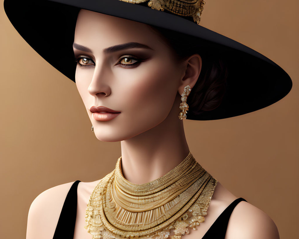 Digital Artwork: Woman in Embellished Hat with Gold Jewelry on Tan Background