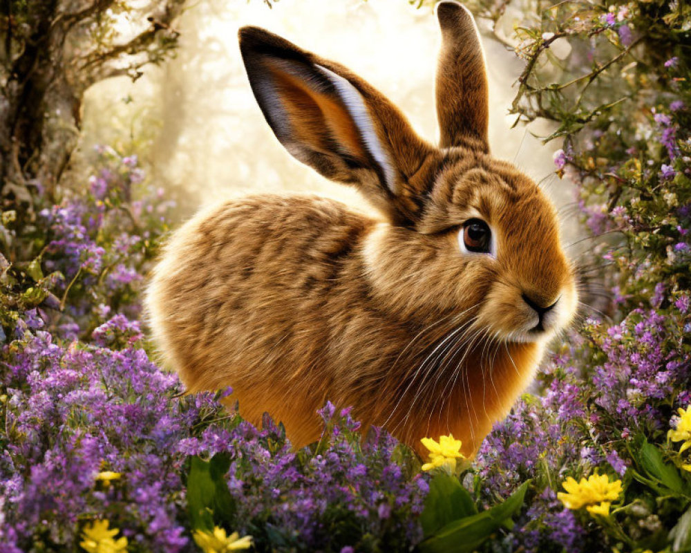 Brown Rabbit Among Purple and Yellow Flowers in Enchanting Forest