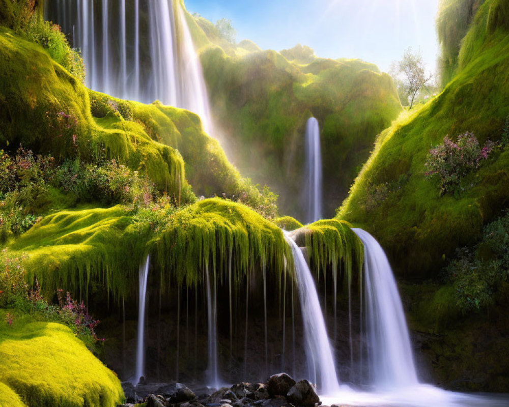 Tranquil waterfall on mossy rocks under sunny sky