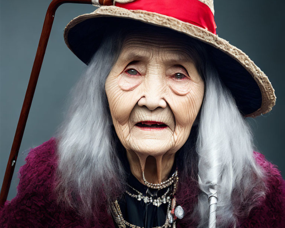 Elderly woman in red hat and cardigan, with gray hair and cane