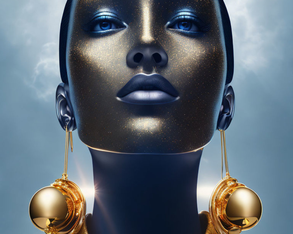 Woman with Shimmering Blue Face and Gold Lips in Digital Art