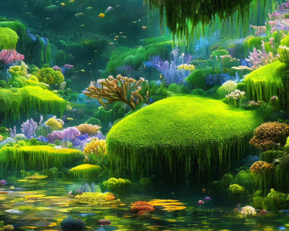 Colorful Underwater Scene with Coral, Fish, and Greenery