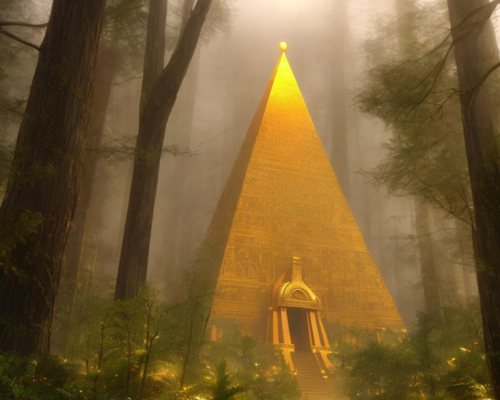 Misty forest scene with illuminated pyramid and hieroglyphs