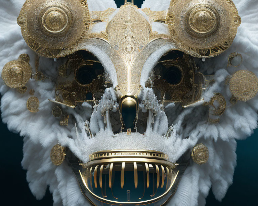 Detailed ornate mask with gold accents and white plumes on dark background