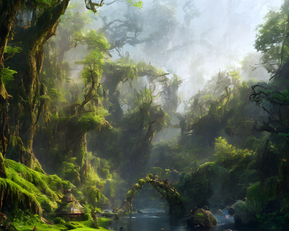 Mystical forest scene with ancient trees, serene river, and ethereal sunlight.