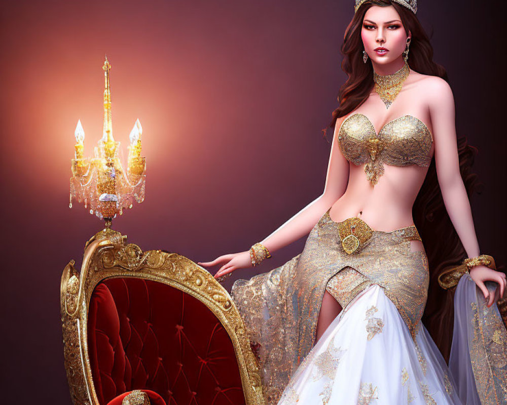 Regal woman in golden crown and bejeweled attire with candelabra.