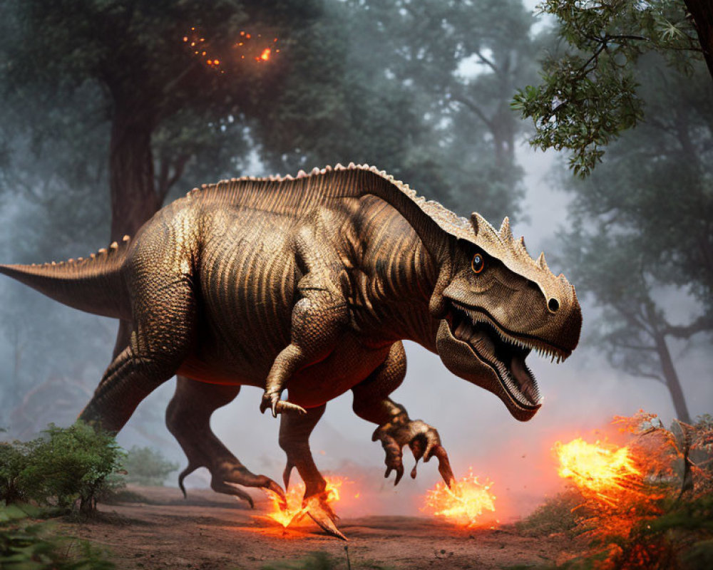 Menacing Tyrannosaurus Rex in Forest with Fires and Embers