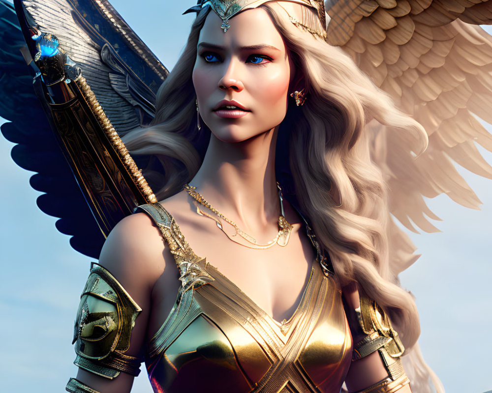 Female warrior digital art portrait with golden armor and winged helmet, accompanied by majestic eagle in blue sky