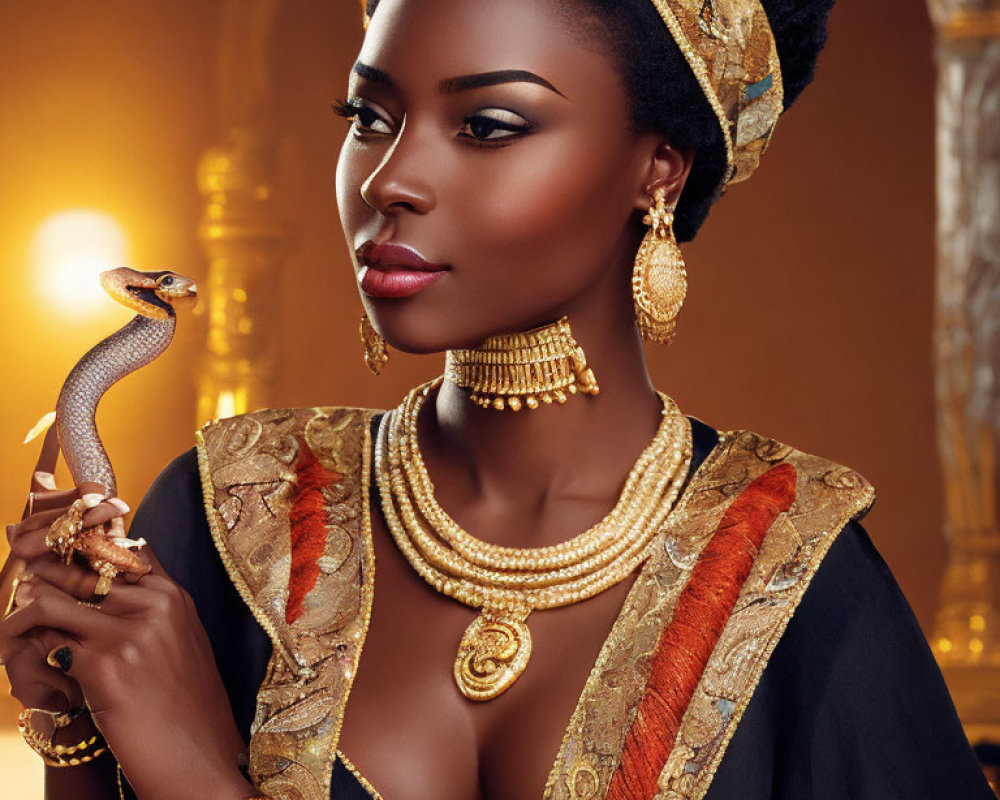 Regal woman with golden jewelry holding a snake on luxurious backdrop