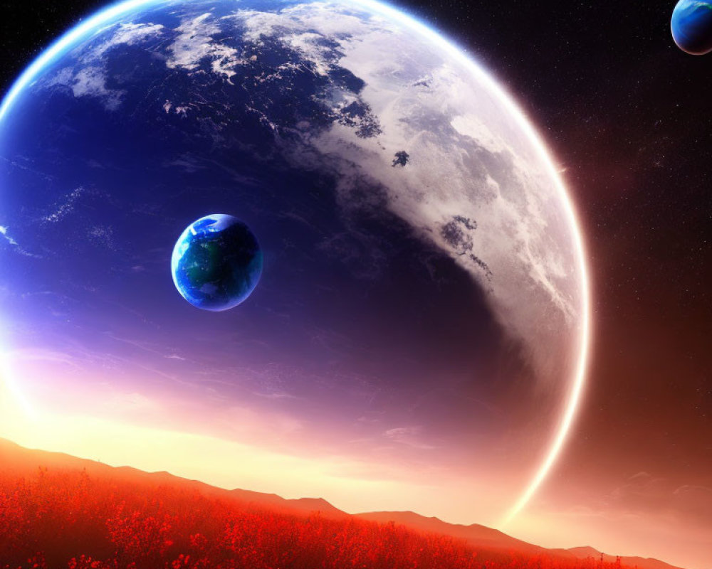 Colorful sci-fi landscape with multiple planets and starry sky above flower-covered ground