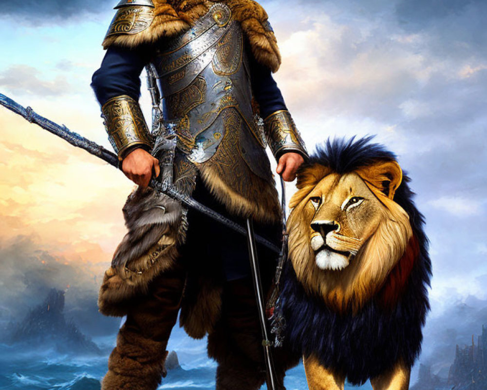 Regal warrior with spear beside majestic lion against dramatic sky and sea.