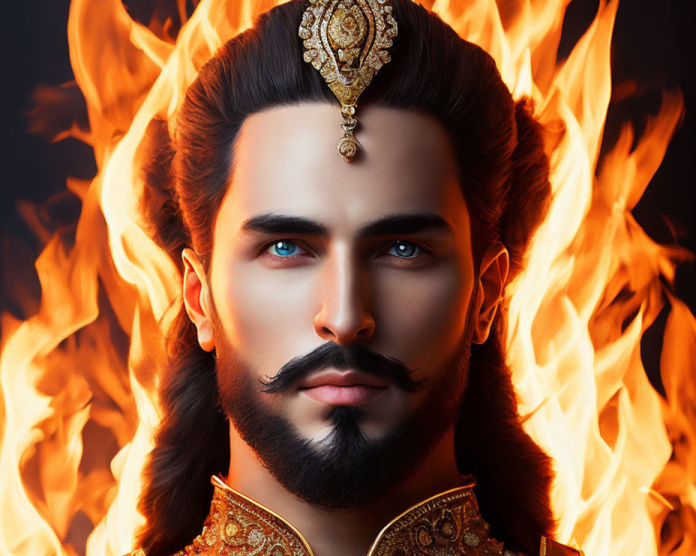 Majestic male figure in ornate attire against fiery backdrop