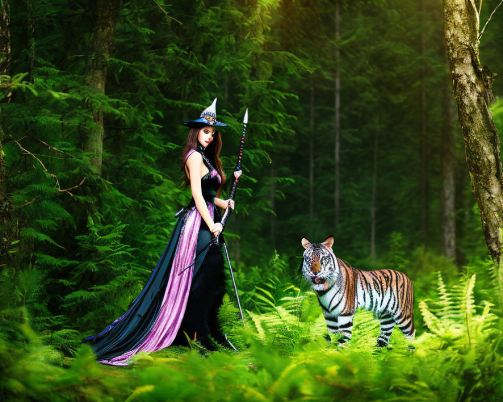 Fantasy witch and mythical tiger in lush forest setting