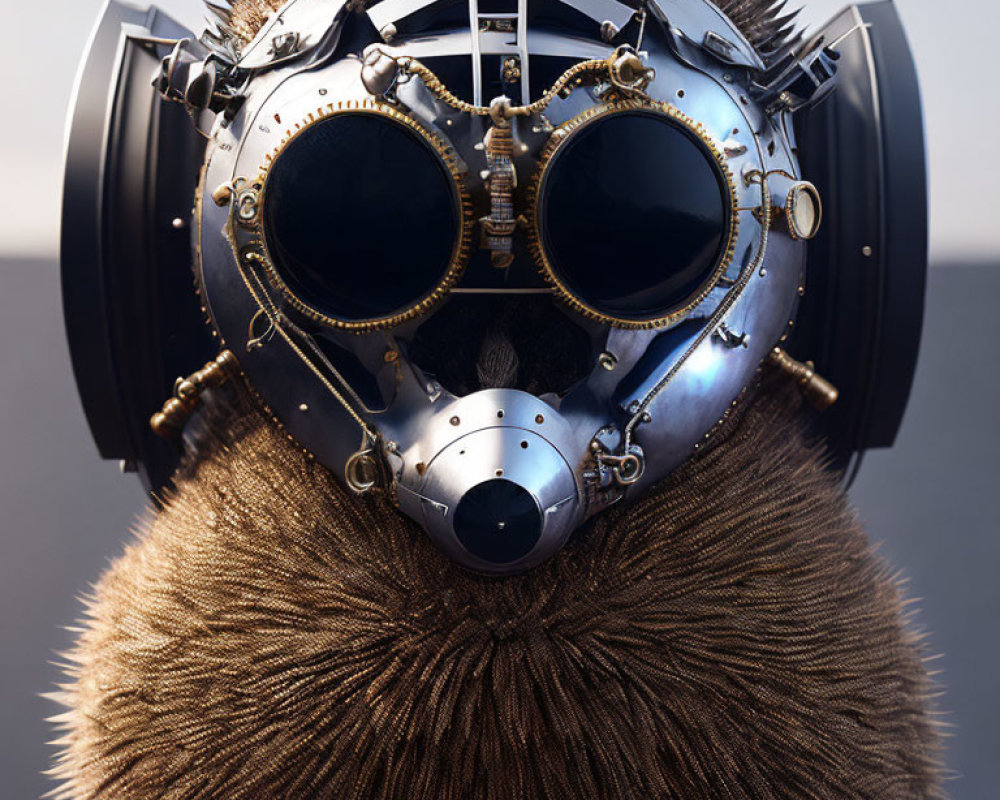 Steampunk-style helmet with round goggles and metalwork.