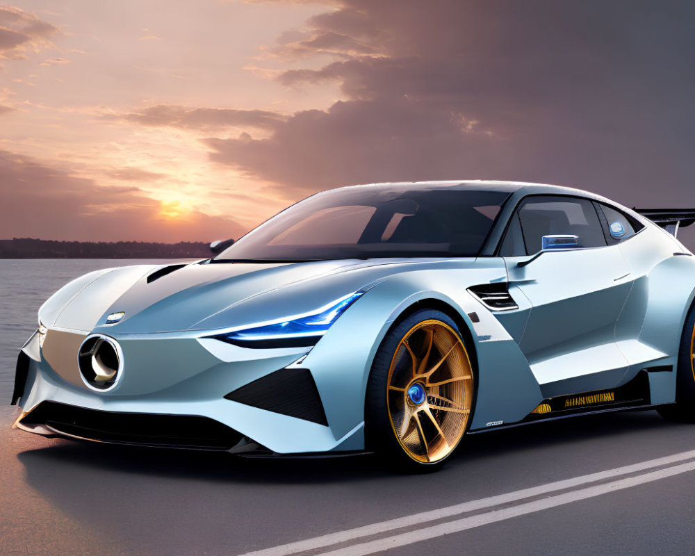 Futuristic Blue Sports Car with Golden Rims in Sunset Setting
