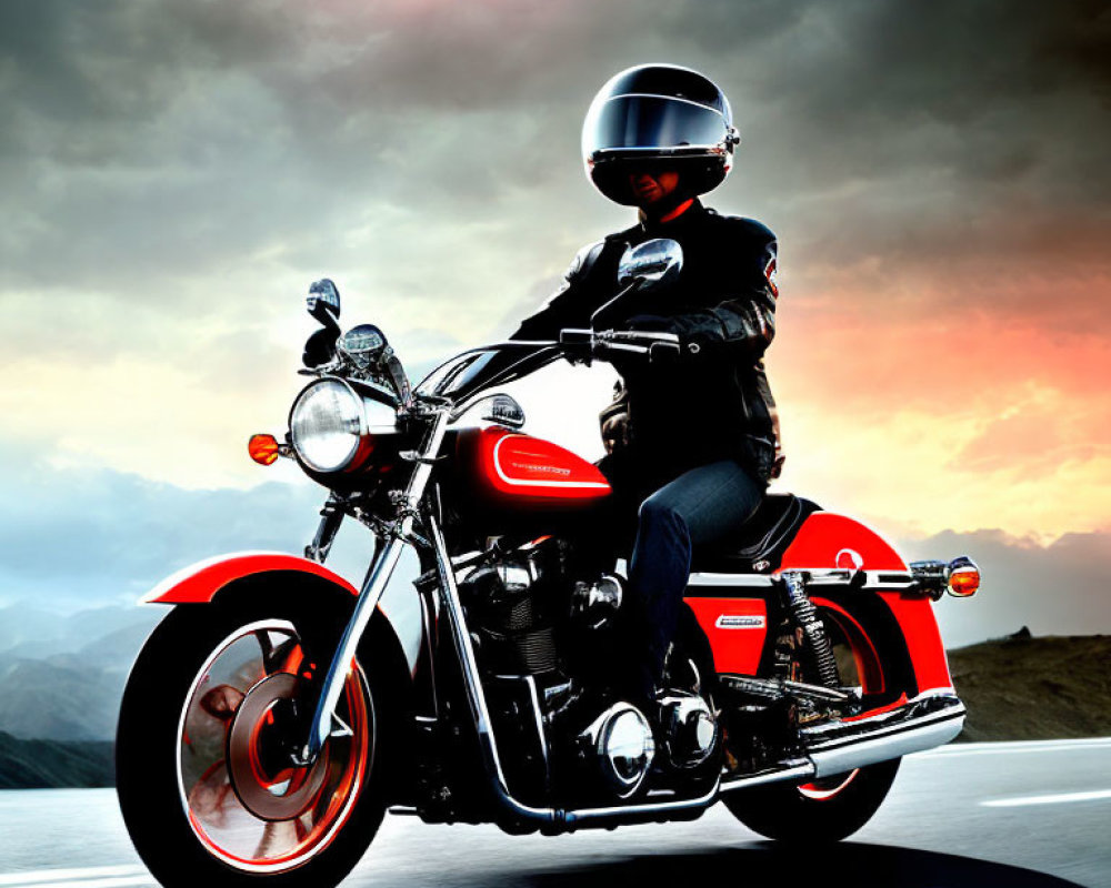 Motorcyclist in Black Attire Riding Classic Red Bike at Sunset