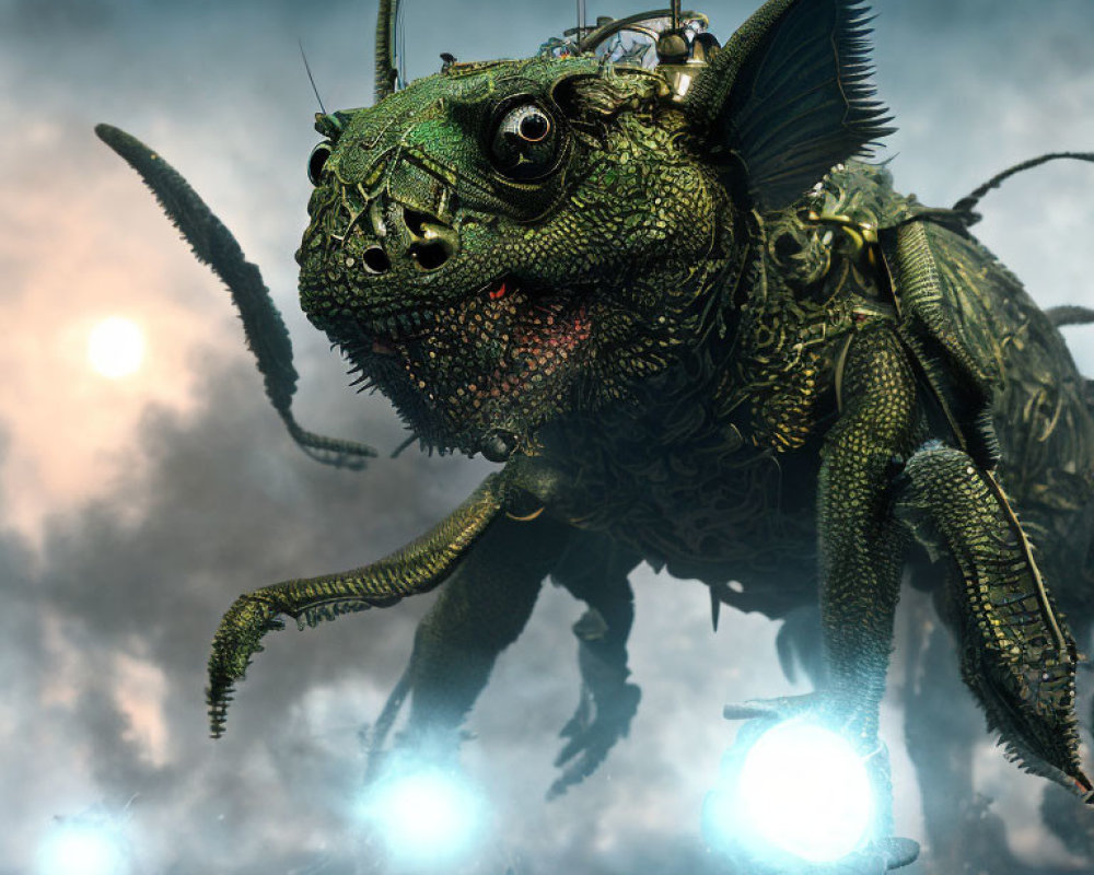 Detailed digital artwork: Giant mechanized grasshopper in post-apocalyptic scene