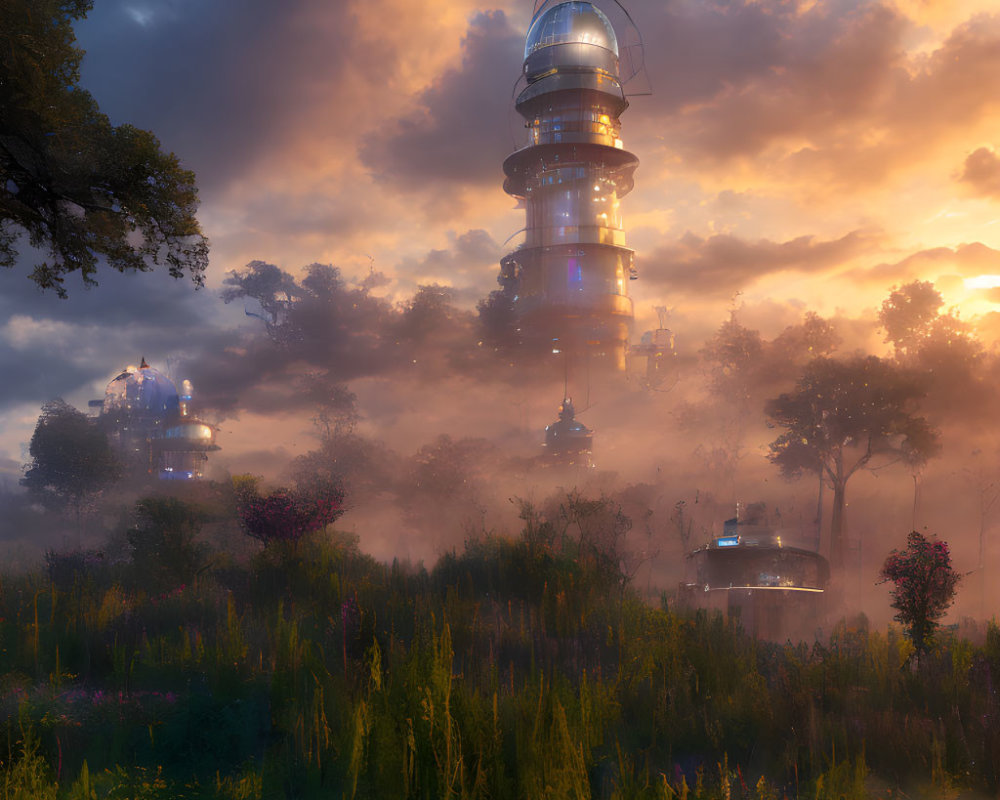 Misty sunset landscape with futuristic towers amid lush greenery
